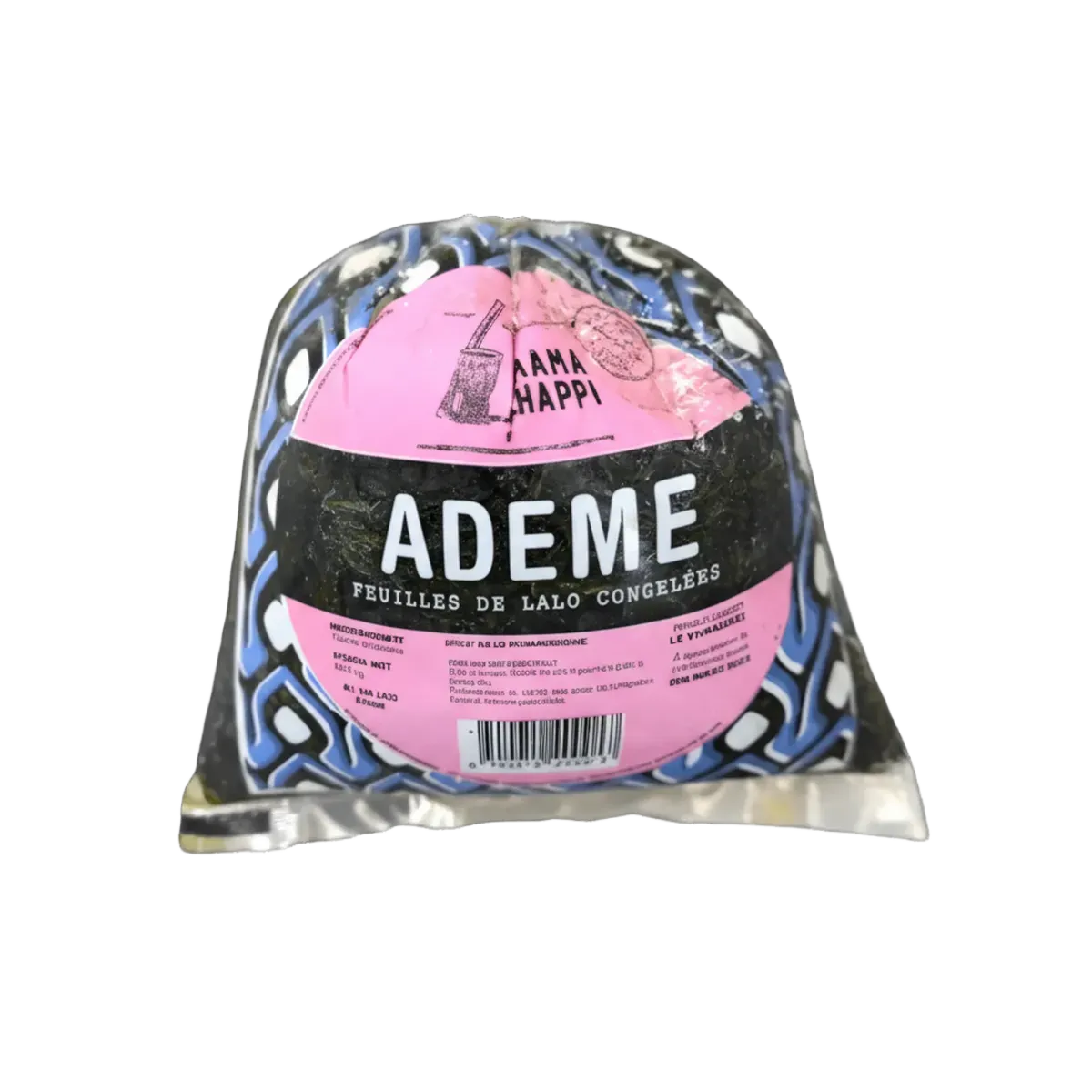 Feuille de jute surgelée Ademe emballée, étiquetée 'Feuilles de Lalo Congelées', idéale pour soupes africaines et plats traditionnels.